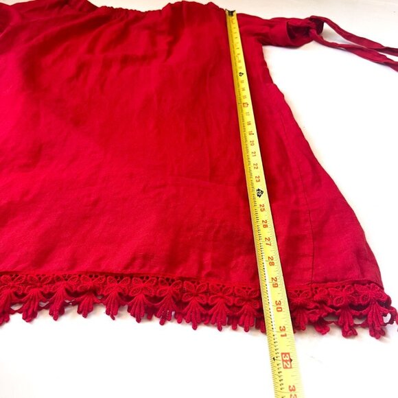Lungo L'arn0 Italian 100% Linen Red Off the Shoulder Tie Sleeve Mini Shift Dress - Picture 8 of 10